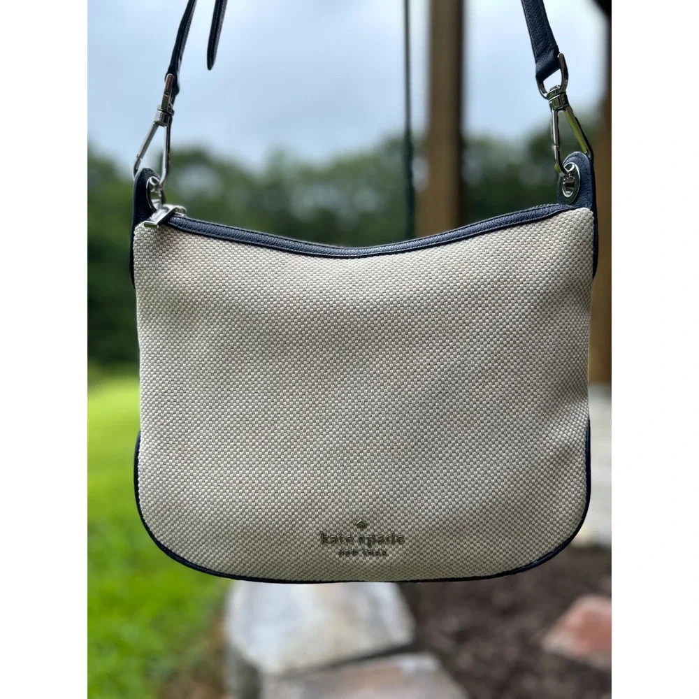 Kate Spade Rosie Canvas Leather Crossbody Shoulder Messenger Bag Navy Cream EUC